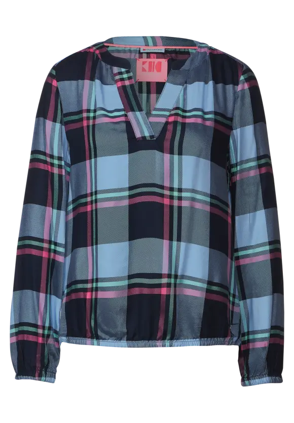 Split Neck Check Blouse - Deep Blue