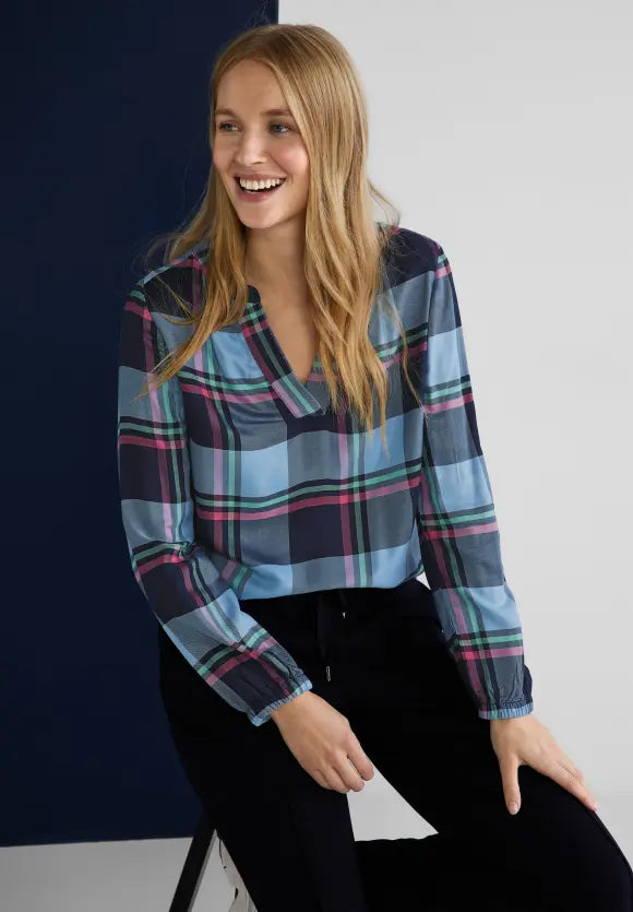 Split Neck Check Blouse - Deep Blue