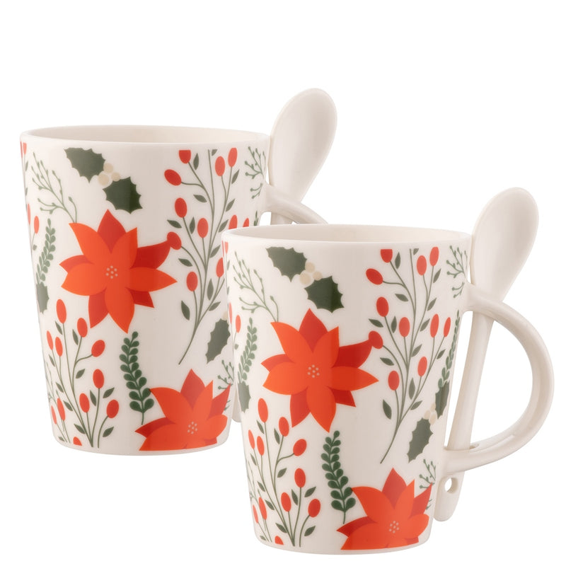 Hot Chocolate Pionsettia Mugs & Spoons Set Of 2