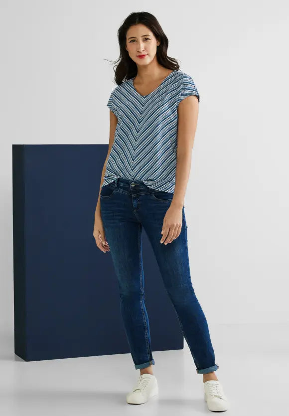 Stripe V Neck Shirt - Deep Blue