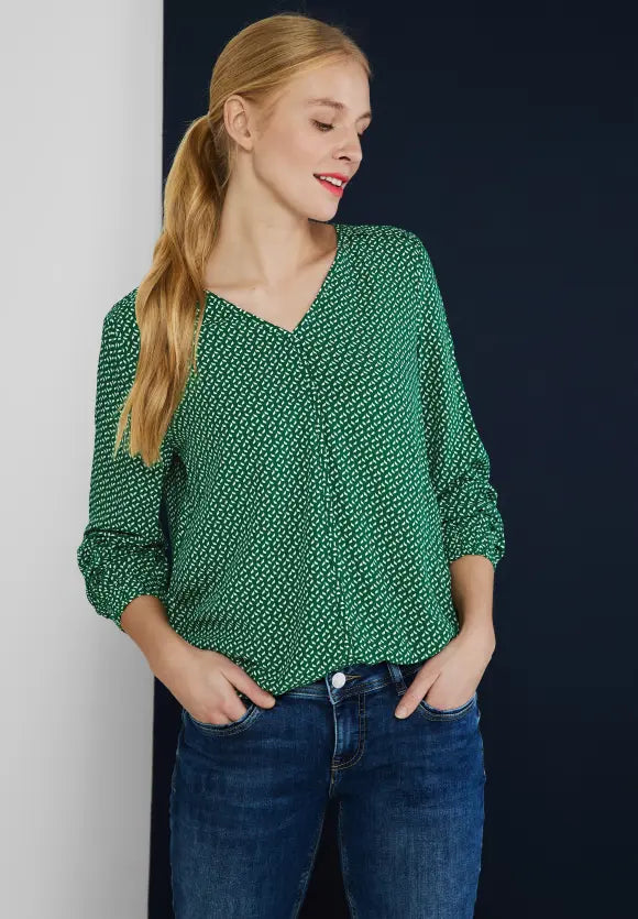 Piping Printed V-Neck Blouse - Dark Brisk Green