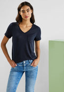 Linen Look V Neck Shirt - Deep Blue
