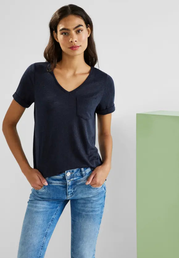 Linen Look V Neck Shirt - Deep Blue