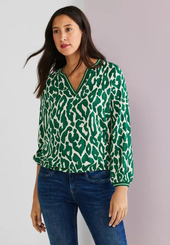 Printed Slitneck Blouse - Deep Blue