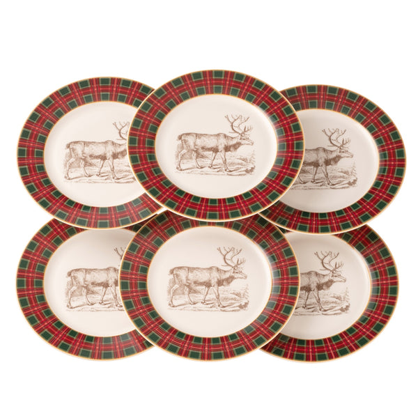 Tartan Reindeer Tea/Dessert Plates Set Of 6