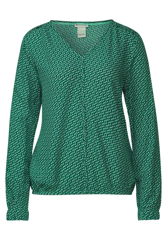 Piping Printed V-Neck Blouse - Dark Brisk Green