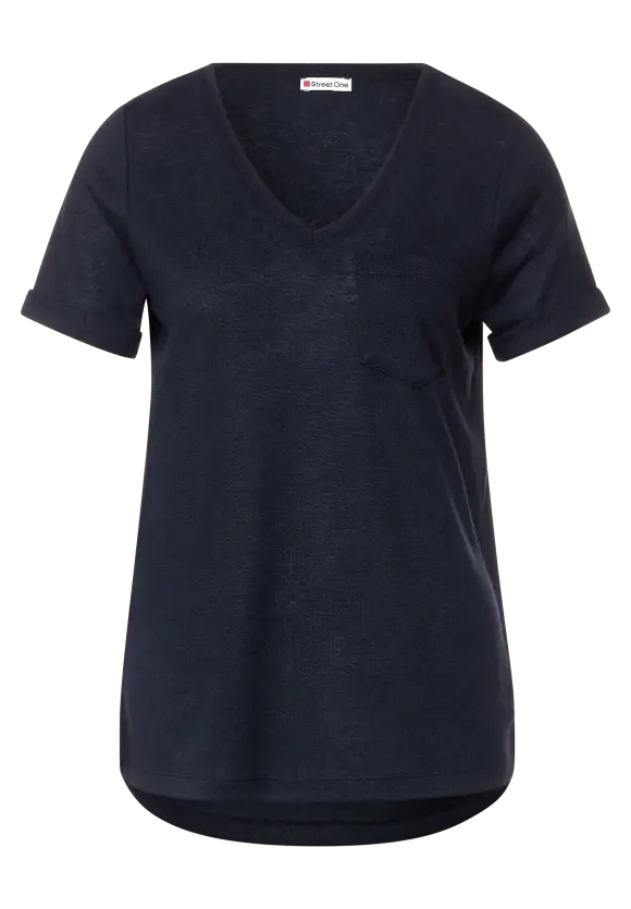 Linen Look V Neck Shirt - Deep Blue