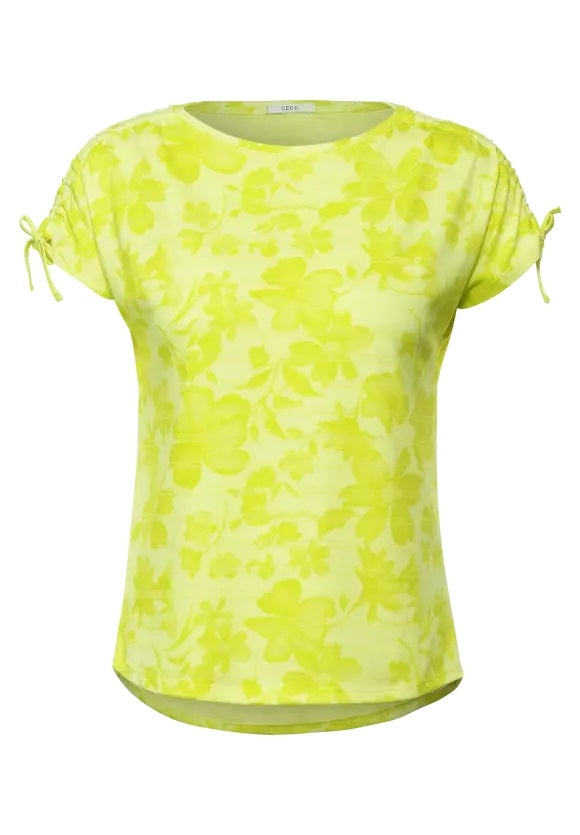 Flowers On Burnout Stripe Shirt - Lemon Yellow