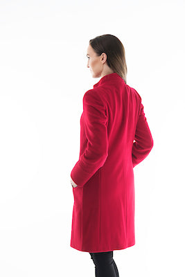 High Collar Wool Coat - Red