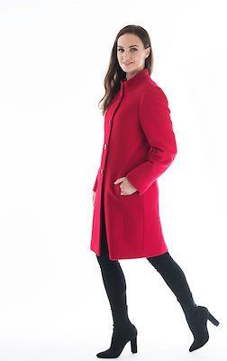 High Collar Wool Coat - Red