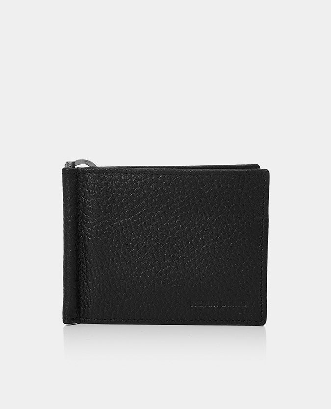 Leather Bi-Fold Wallet with Money Clip - Black
