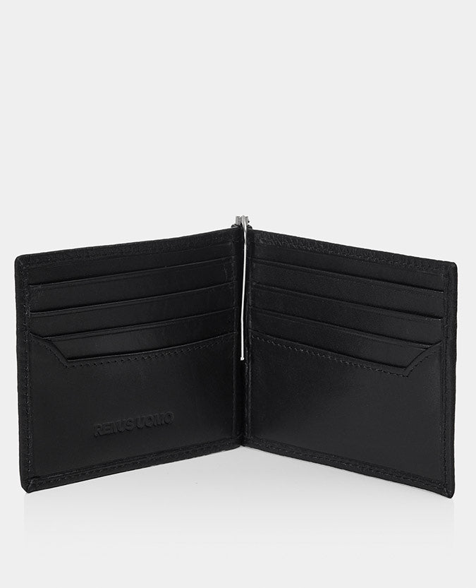 Leather Bi-Fold Wallet with Money Clip - Black