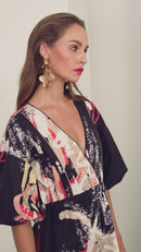 Contrast Piping Print Dress - Black/Stone