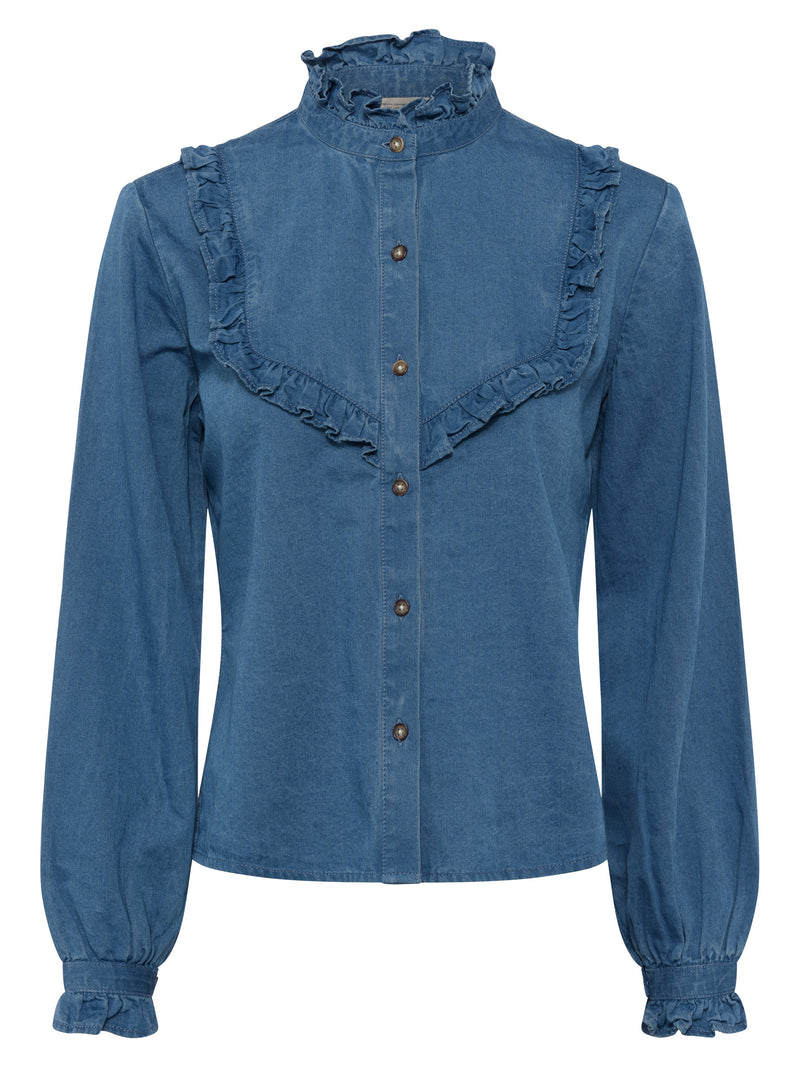 Zaves Chambray Ruffle Blouse - Blue
