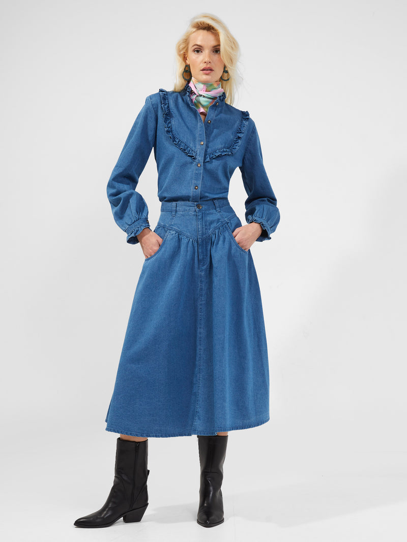 Zaves Chambray Ruffle Blouse - Blue