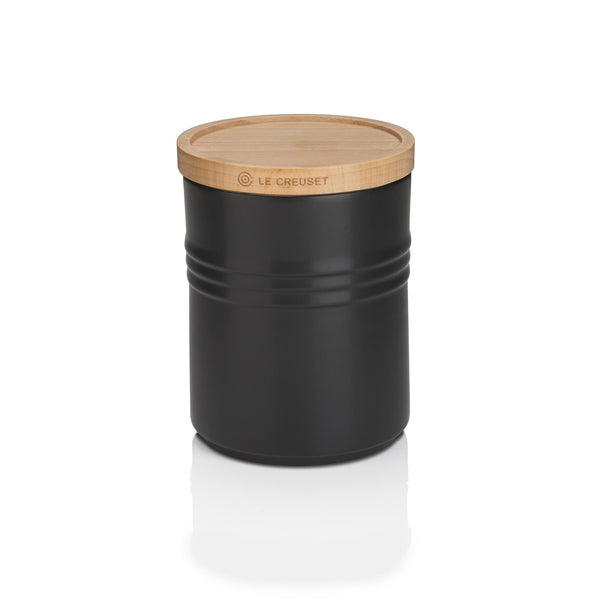 Medium Stoneware Storage Jar With Wooden Lid - Satin Black