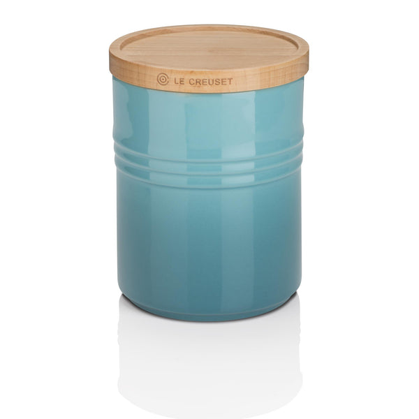 Medium Stoneware Storage Jar With Wooden Lid - Teal