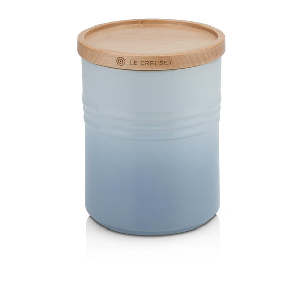 Medium Stoneware Storage Jar With Wooden Lid - Coastal Blue