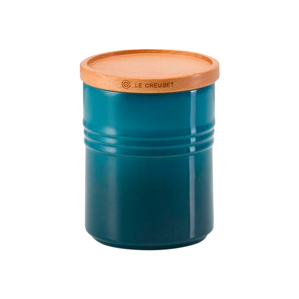 Medium Stoneware Storage Jar With Wooden Lid - Deep Teal