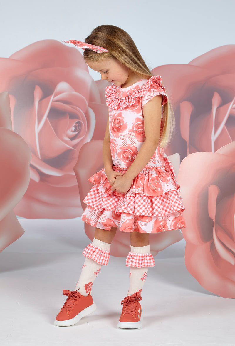 Yanisha Rose Print Dress - Bright Coral