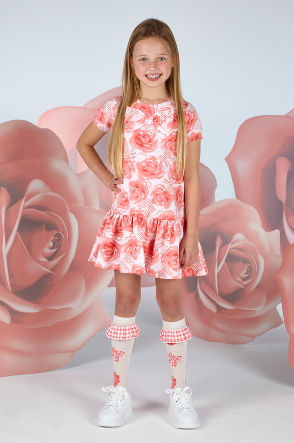 Yael Rose Print Bow Dress - Bright Coral