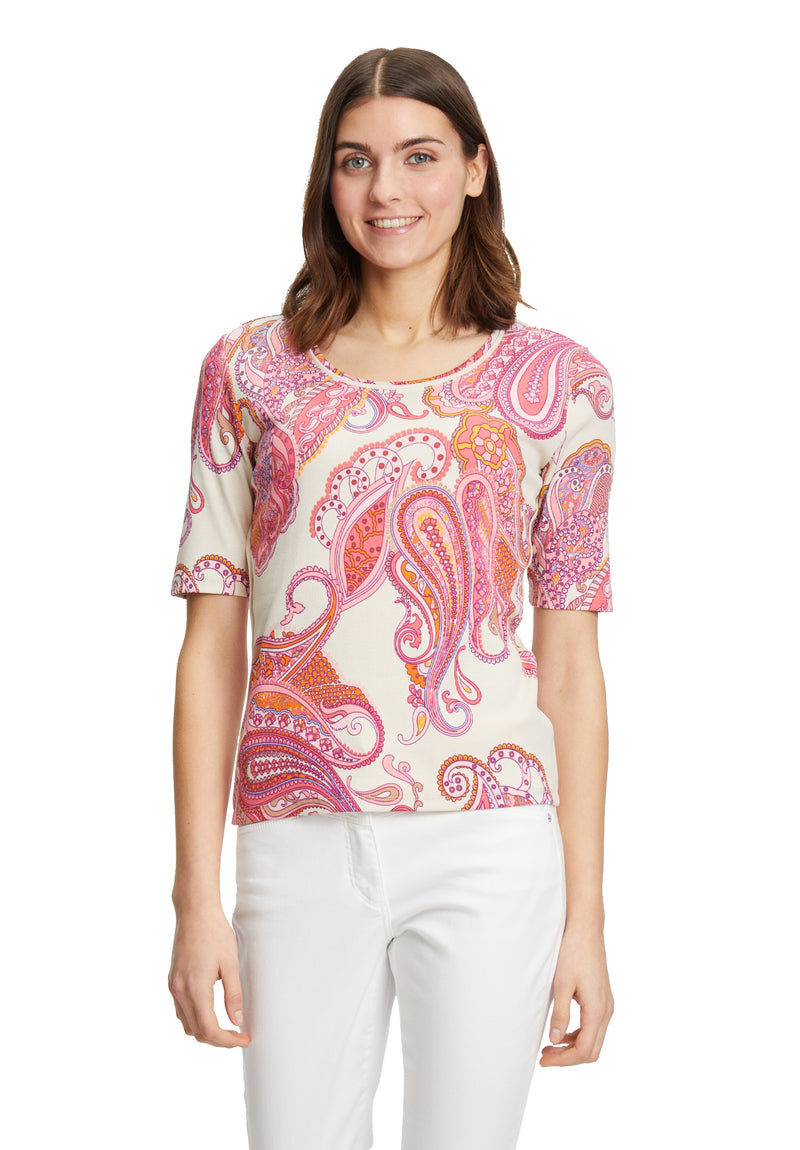 Round Neck Paisley T-Shirt - Beige/Rose