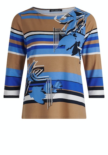 3/4 Sleeve Bateau Neck Top - Blue/camel