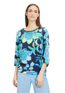 3/4 Sleeve Floral Blouse - Dark Blue