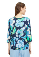 3/4 Sleeve Floral Blouse - Dark Blue