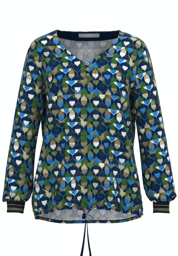 V Neck Long Sleeve Print Blouse - Green