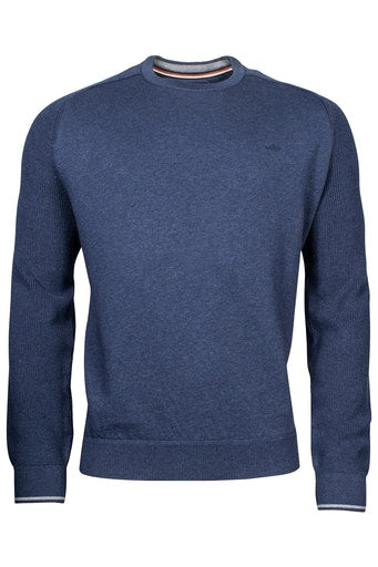 Knitted Sleeve Cotton Crew Neck - Night Blue