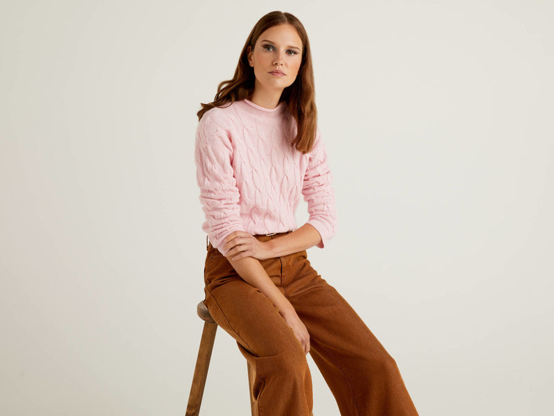 Cable Turtle Neck Jumper - Pink