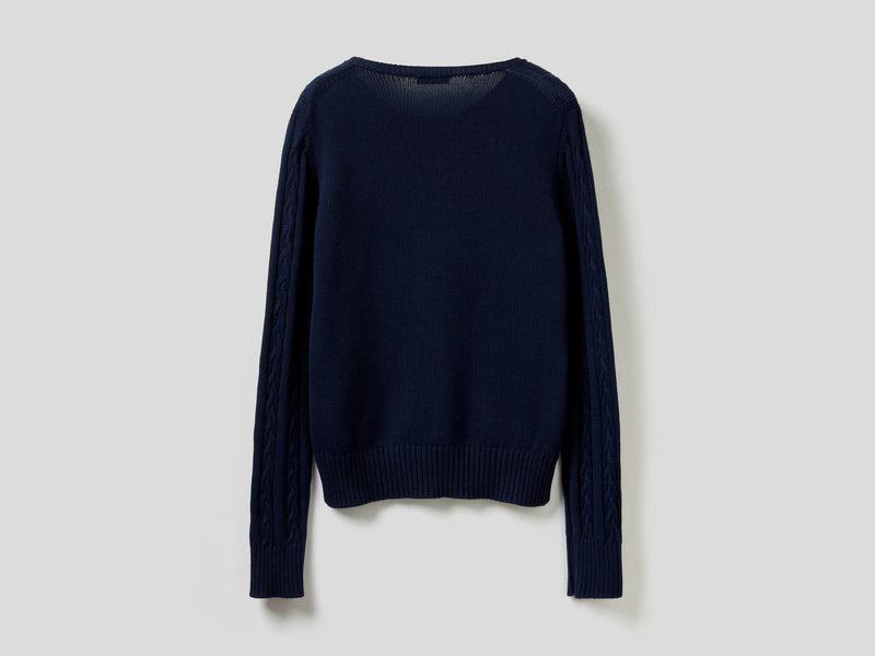 Basic Woman Cable Crew Jumper - Navy