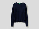 Basic Woman Cable Crew Jumper - Navy