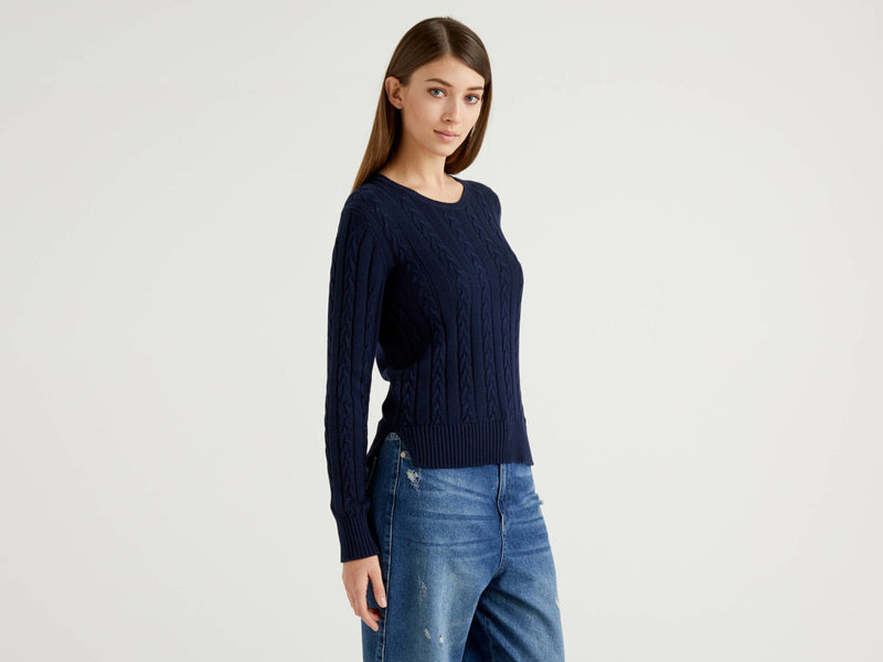 Basic Woman Cable Crew Jumper - Navy
