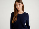 Basic Woman Cable Crew Jumper - Navy