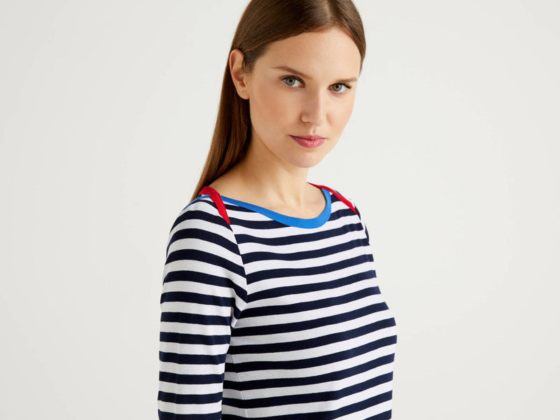 Basic Woman Boatneck Tee - Navy/red/blue