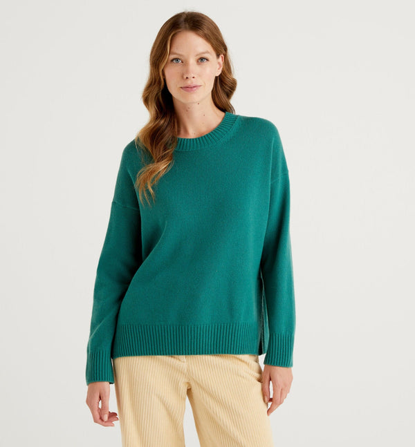 Wool Blend Boxy Fit Round Neck Jumper - Forest Green