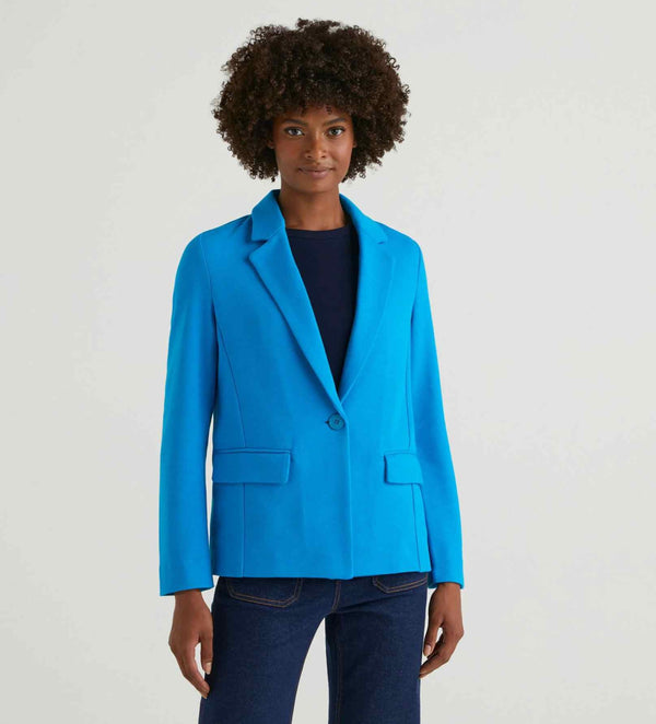 Cotton Blend Fitted Blazer - Turquoise