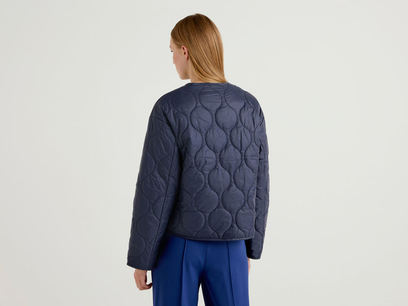 Short Quilted Collarless Jacket - Navy