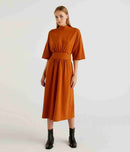 Stand Up Collar Dress With Sash - Rust