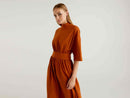 Stand Up Collar Dress With Sash - Rust