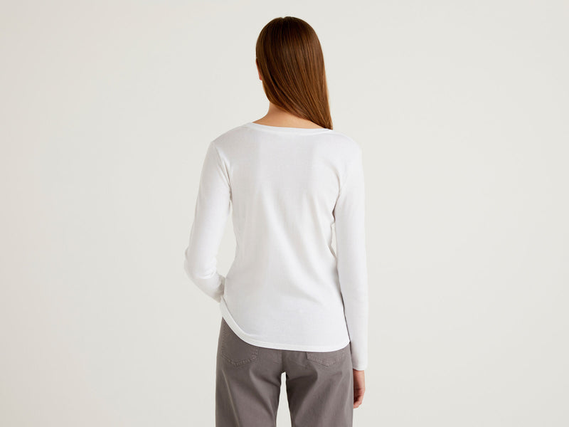 Long Sleeve V Neck T-shirt - White