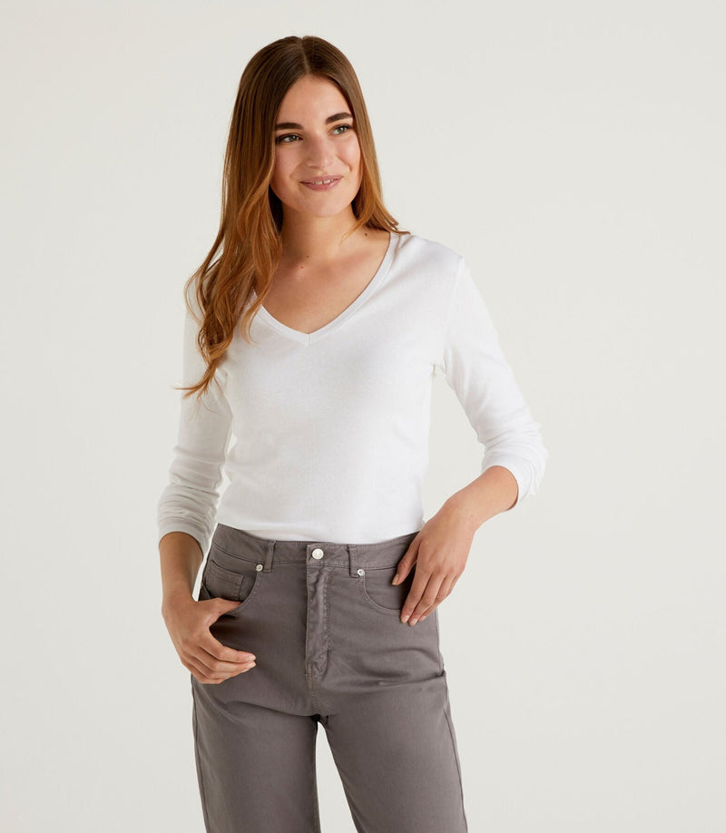 Long Sleeve V Neck T-shirt - White