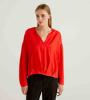 Wrinkled Look V Neck Blouse - Bright Red