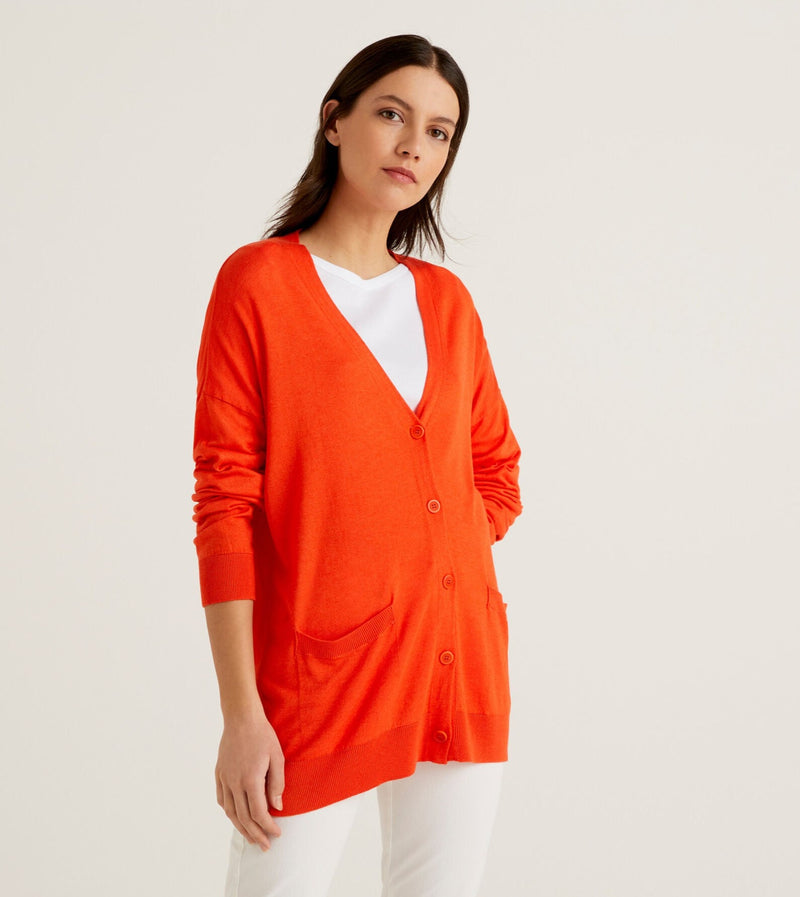 Soft Wool & Viscose Pockets Cardigan - Orange