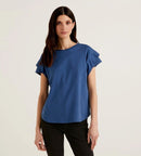 Ribbed Sleeve Short Sleeve Top - Blue