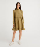Shirt Collar Flared Dress - Khaki