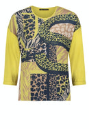 3/4 Sleeve Print Blouse - Yellow/dark Blue