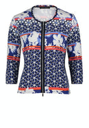3/4 Sleeve Printed Zip Jacket - Blue/cream